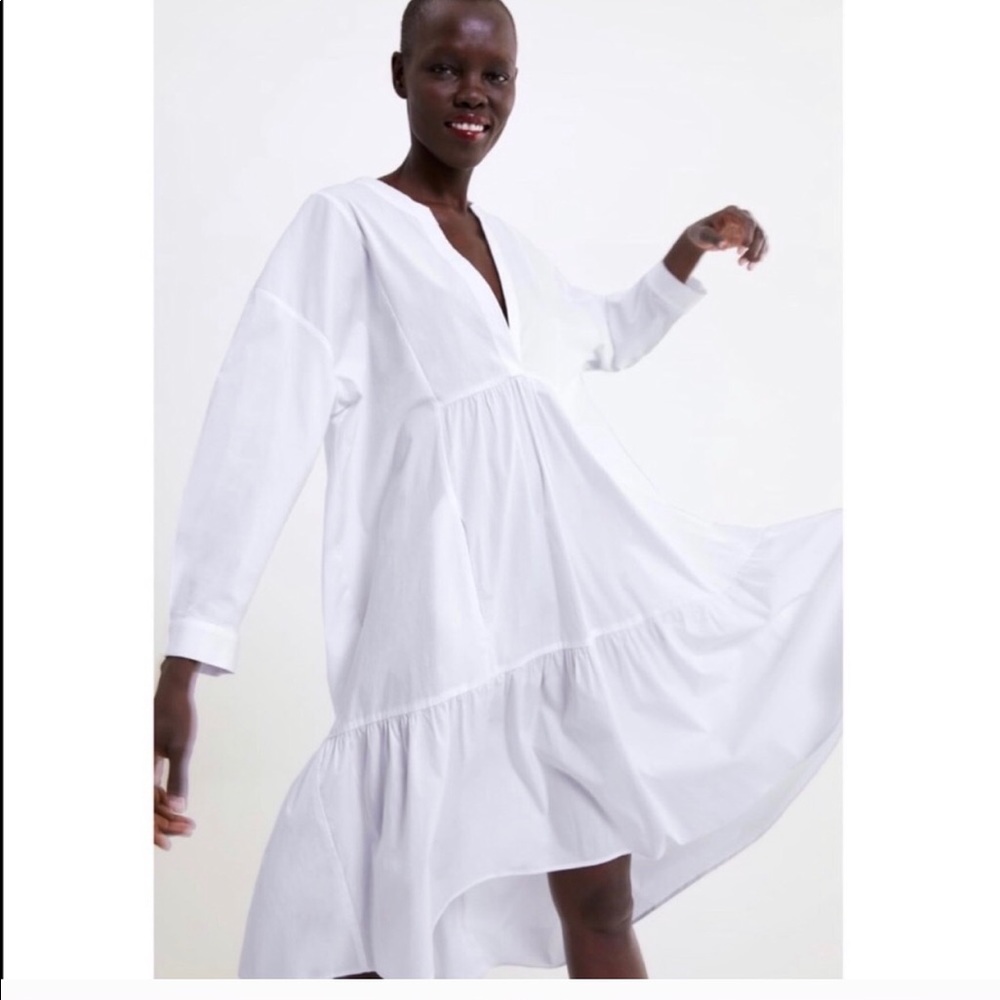 Zara White Midi Poplin Dress